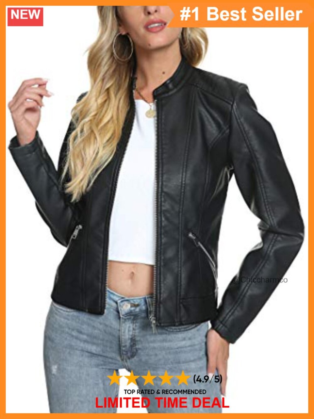 Faux Leather Jacket Stand Collar Fitted Moto Style